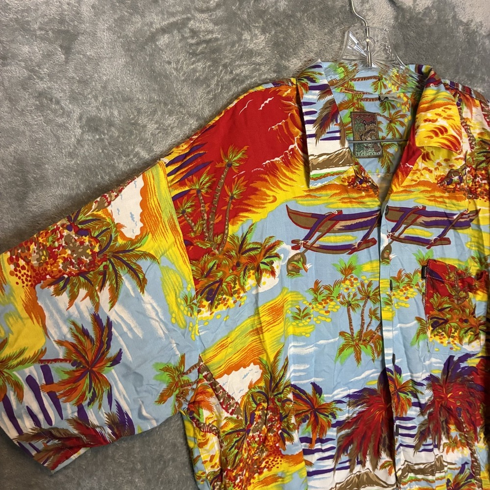 Vtg Pineapple Connection Hawaiian Button Shirt XL Canoe Aloha Island Colorful